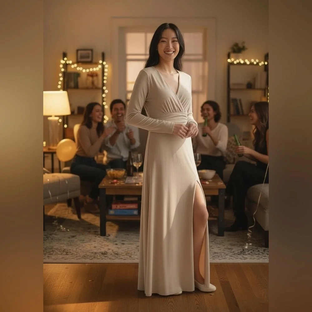Elegant Cream Long Sleeve Stretchy Maxi Dress with a Slit - Picture 2 of 12